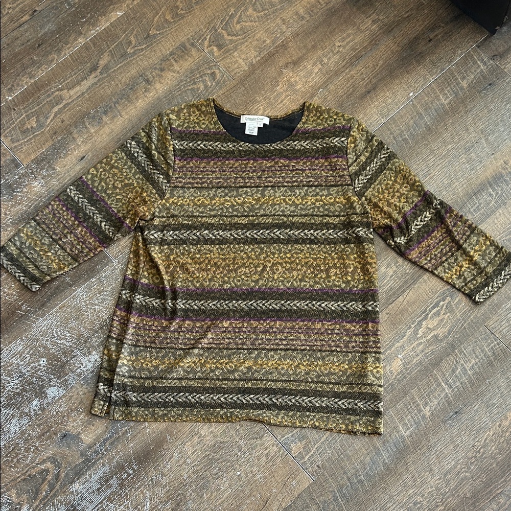 Coldwater Creek Browns‎ Textured Mesh Lined Top Size 1X 3/4 Sleeves